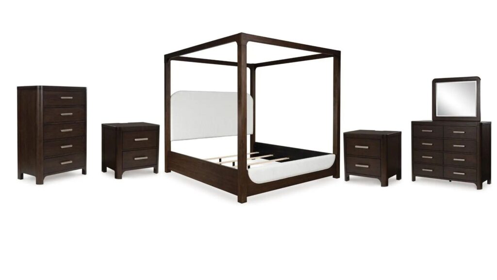 BRECKINGTON BEDROOM SET ( BED + 2 NIGHT STANDS +MIRRORED DRESSERS + CHEST OF DRAWERS )