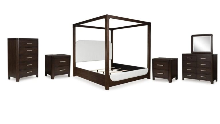 BRECKINGTON BEDROOM SET ( BED + 2 NIGHT STANDS +MIRRORED DRESSERS + CHEST OF DRAWERS )