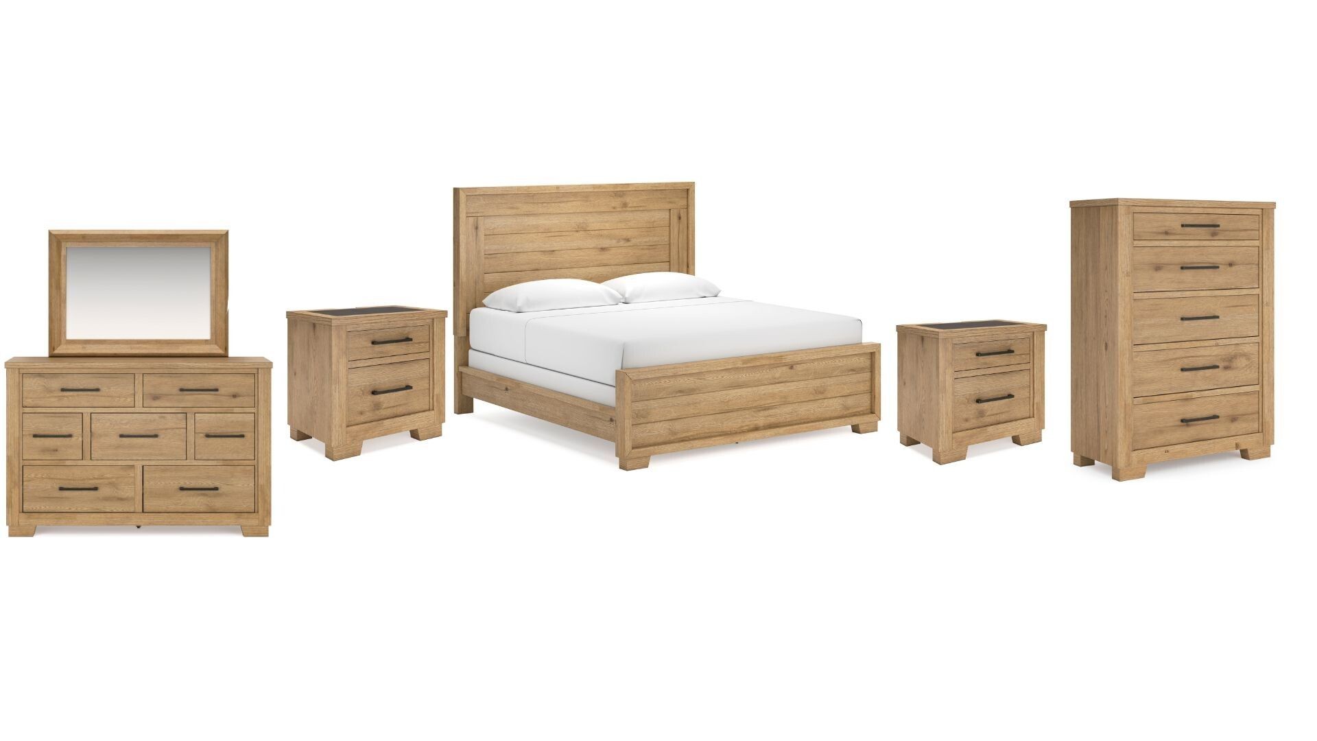 3000505_6NMXfqiwucUbueOBmukC7Y7YNlKNpgFgqxuyVnGK.jpg GALLIDEN BEDROOM SET ( BED + 2 NIGHT STANDS + MIRRORED DRESSER + CHEST OF DRAWERS )