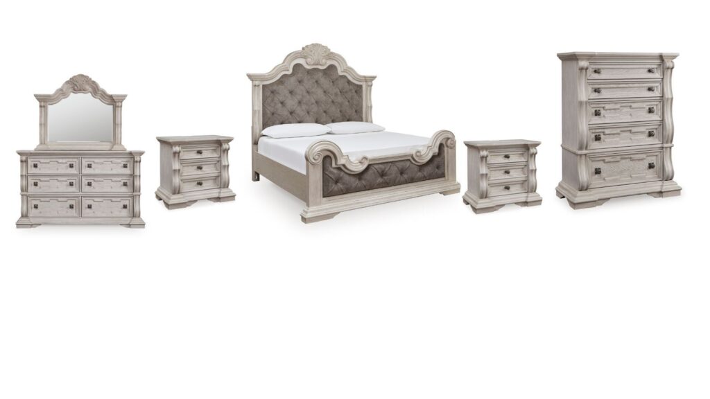 ANDONHALL BEDROOM SET ( BED + 3 NIGHT DRAWERS + MIRRORED DRESSER +CHEST OF DRAWERS)