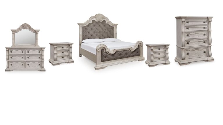 ANDONHALL BEDROOM SET ( BED + 3 NIGHT DRAWERS + MIRRORED DRESSER +CHEST OF DRAWERS)