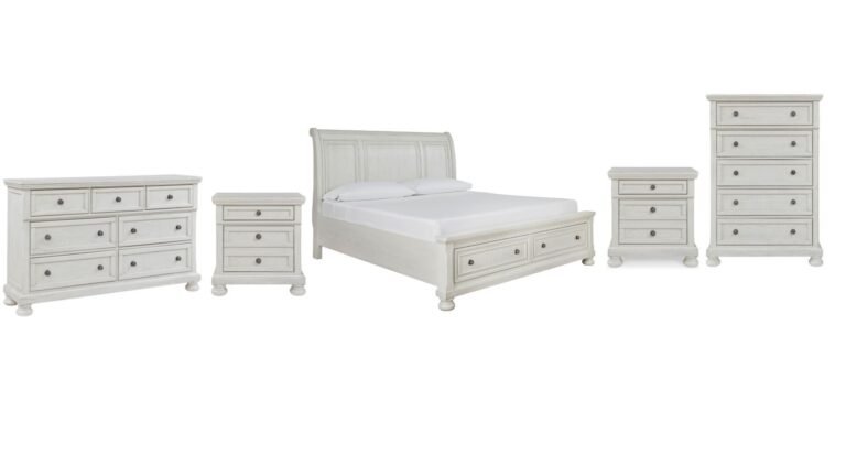 ROBBINSDALE BEDROOM SET ( BED + 2 NIGHT STANDS + MIRRORED DRESSER + CHEST OF DRAWERS )