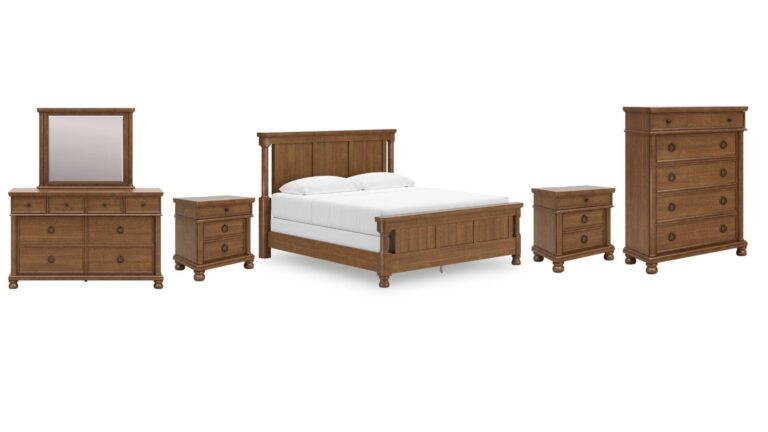 CHADWORTH BEDROOM SET( BED + 2 NIGHT STANDS+ MIRRORED DRESSER +CHEST OF DRAWERS)